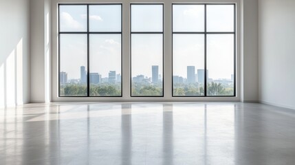 A bright, empty room with large windows showcasing a city skyline, featuring polished concrete flooring and abundant natural light.