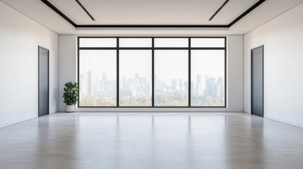 Obraz premium A modern, spacious room with large windows offering a city view, featuring minimalist design and natural light.