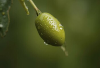 Macro Shot Of Single Olive With Dew Drops Hanging From Branch On Blurred Green Background