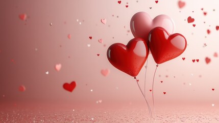 Red and pink heart balloons floating in celebration with glittering hearts