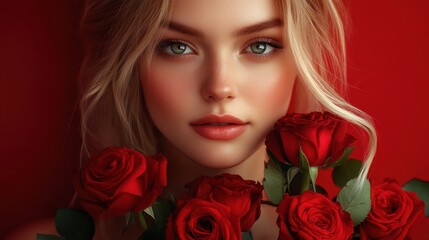 Young woman with red roses against a vibrant background
