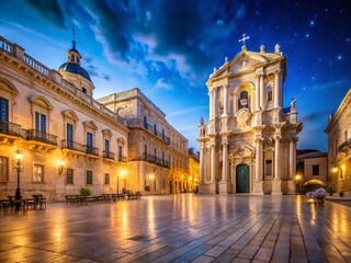 Fototapeta premium Night Photography: Syracuse Cathedral Square, Sicily, Italy - Illuminated Architecture
