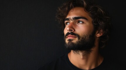 Obraz premium Handsome bearded man looking up on dark background