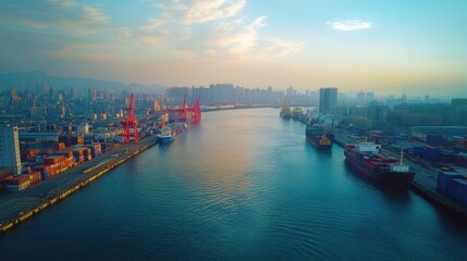 Fototapeta premium Aerial view of bustling cargo port with ships and cityscape at sunset