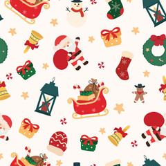 Joyful Winter and Christmas Seamless Pattern, Santa, gloves, gift