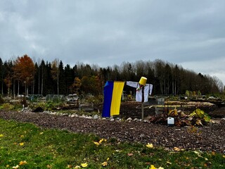 Fototapeta premium Creative scarecrow with Ukrainian flag standing amidst an autumn garden in Finland, blending culture and nature