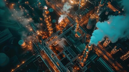 Aerial view of an industrial complex with smokestacks and illuminated structures at night.