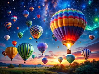 Fototapeta premium Night Sky Magic: Colorful Balloons & Sparkling Stars