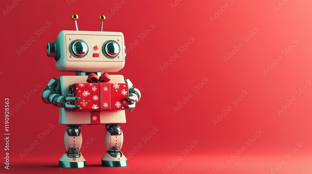 Aufkleber a charming robot holding a gift box on a red background, creating a joyful and fun atmosphere, ideal