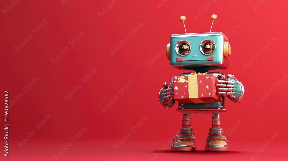 Poster a charming robot holding a gift box on a red background, creating a joyful and fun atmosphere, ideal