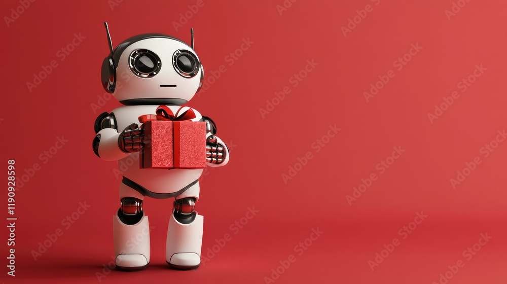 Poster a charming robot holding a gift box on a red background, creating a joyful and fun atmosphere, ideal