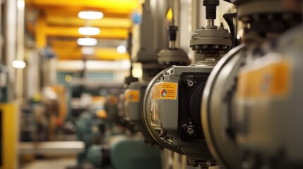 Close up view of industrial valves controlling flow within a manufacturing plant, highlighting crucial elements of industrial infrastructure and machinery in action