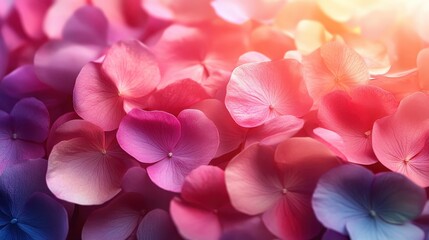 Vibrant pink and purple hydrangea blossoms in soft sunlight