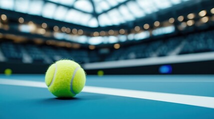 Tennis ball rests on the blue court in an indoor stadium with a spacious seating area during a competitive match.