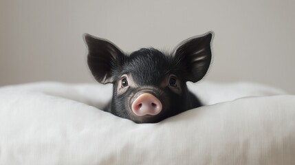 A black pig peeking out from behind a white pillow, with a cute and funny face and big eyes. This portrait photography is set against an indoor light background with a solid color background.