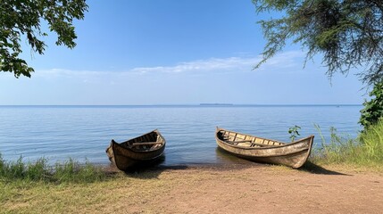 Obraz premium Serene Lakeside Scenery with Traditional Boats