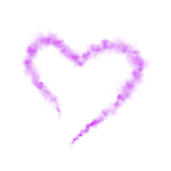 Realistic smoky purple fluffy heart shaped cloud on transparent background. Romantic golden translucent smoke floating in the shape of a heart. PNG. 