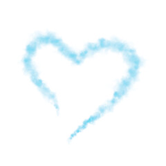 Realistic smoky blue fluffy heart shaped cloud on transparent background. Romantic golden translucent smoke floating in the shape of a heart. PNG.