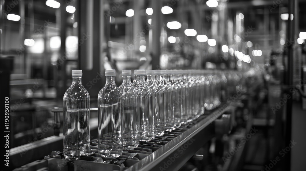 Poster A close-up of clear bottles on a production line, gleaming under bright factory lights in a perfectly organized, repetitive pattern