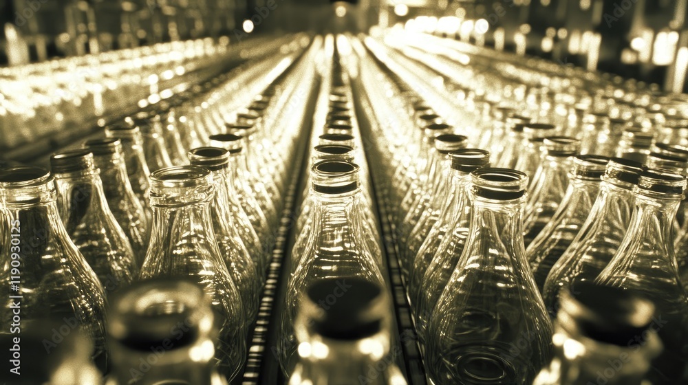 Poster A close-up of clear bottles on a production line, gleaming under bright factory lights in a perfectly organized, repetitive pattern