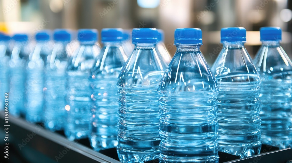 Poster A close-up of clear bottles on a production line, gleaming under bright factory lights in a perfectly organized, repetitive pattern