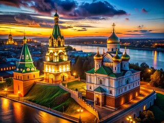 Obraz premium Nizhny Novgorod Kremlin & John Baptist Church at Dusk - Low Light Russian Architecture