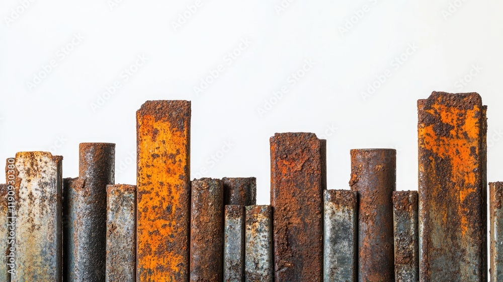 Aufkleber a close-up of corroded and rusty metal piles arranged in a minimalistic composition, with a clean wh