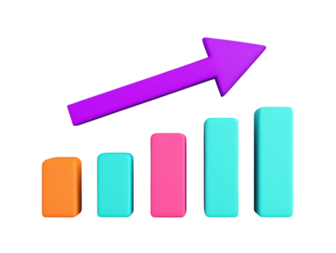Floating Icons Representing Teamwork and Communication in a Modern Business Environment with Colorful Graphs and Arrows Indicating Growth and Progress