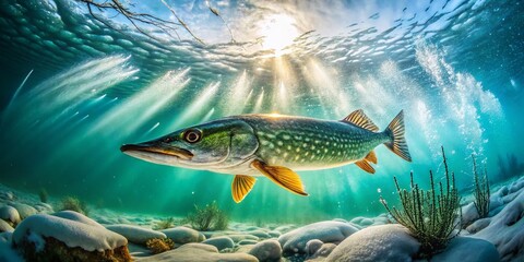 Northern Pike Ice Fishing: Long Exposure Underwater Shot