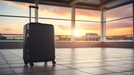 Black Suitcase at Airport Terminal with Sunset View; Travel, Vacation, Departure, Journey, Trip, Holiday, Adventure, Luggage, Baggage, Airport,       