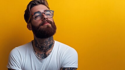 Obraz premium Bearded and tattooed hipster wearing eyeglasses is posing on yellow background