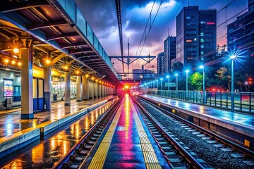 Obraz premium November 28th, 2023: Nighttime Railway Station with Subway Train and Tracks