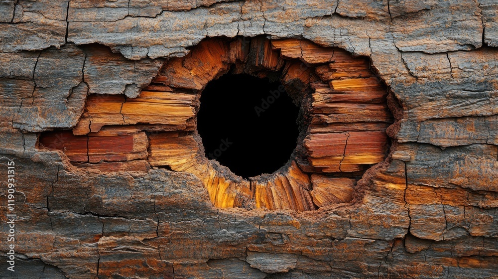 Poster A close-up view of a big hole in a brick wall, showing the rough texture of the exposed bricks. The image features clean edges with clipping path for easy use in design projects