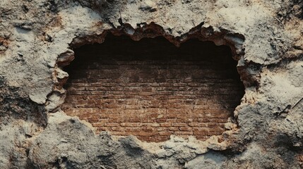A close-up view of a big hole in a brick wall, showing the rough texture of the exposed bricks. The image features clean edges with clipping path for easy use in design projects