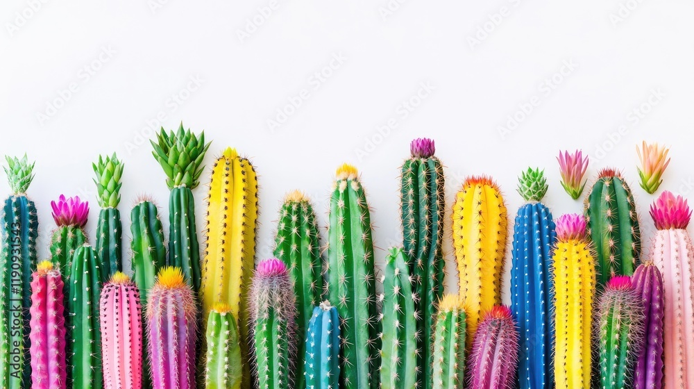 Poster A collection of brightly hued cacti in various shapes and sizes, set against a clean white backdrop, showcasing their vibrant colors and unique textures in a minimalist style