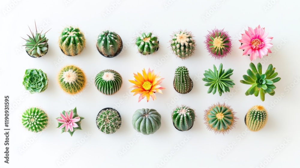 Poster A collection of brightly hued cacti in various shapes and sizes, set against a clean white backdrop, showcasing their vibrant colors and unique textures in a minimalist style