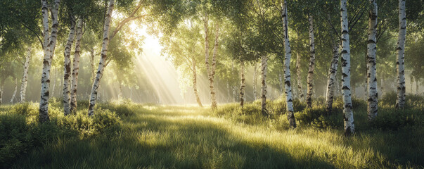 Fototapeta premium Sunlit Birch Forest at Sunrise