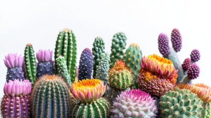 Fototapeta premium A collection of vibrant cacti with fascinating textures, displayed against a white backdrop to highlight their vivid colors and intricate natural design