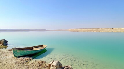 Naklejka premium Serene Turquoise Lake with Old Boat