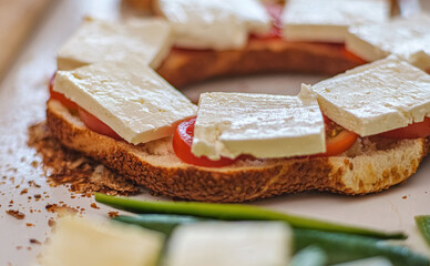 A delicious open-faced sandwich topped with fresh tomatoes and creamy white cheese. Perfect for food-related themes. Selective focus.