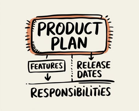 A hand drawn product plan outlining features release dates and responsibilities