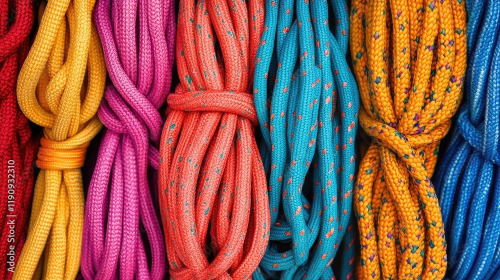 Poster a colorful background filled with vibrant climbing ropes in various patterns, showcasing the rich te
