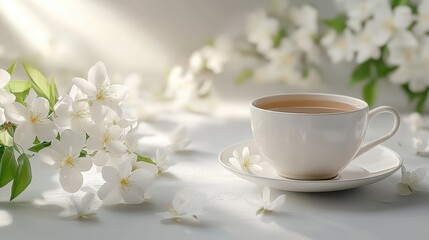 White teacup surrounded by blossoming jasmine flowers in soft morning light