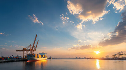 Obraz premium stunning industrial wharf scene featuring cargo ship and cranes at sunset, reflecting vibrant colors on water