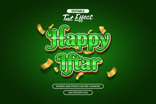 Happy Iftar editable text effect with gold confetti decoration and green background