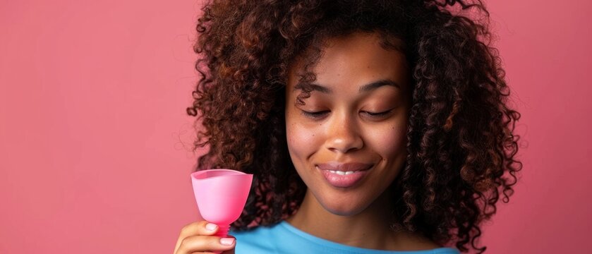 Smiling girl holding a pink menstrual cup on a pink background. This image is suitable for blogs about women's health, hygiene and ecology, as well as for advertising personal care products.