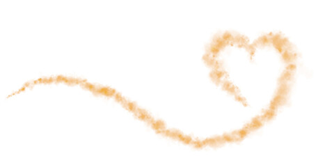 Realistic smoky orange fluffy heart shaped cloud on transparent background. Romantic golden translucent smoke floating in the shape of a heart. PNG.