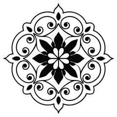 A vector illustration of a mandala silhouette with a white background. The mandala has a circular pattern with multiple layers of interlocking geometric shapes, including triangles, squares, and circl