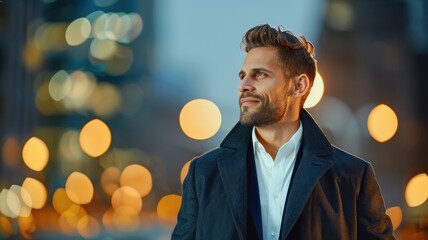 A stylish man stands confidently in a cityscape, illuminated by vibrant bokeh lights, exuding charm and sophistication.