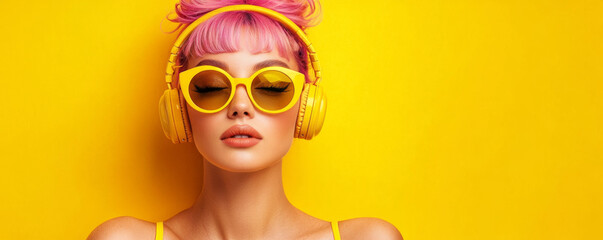 Playful woman with pink hairand yellow headphones in yellow